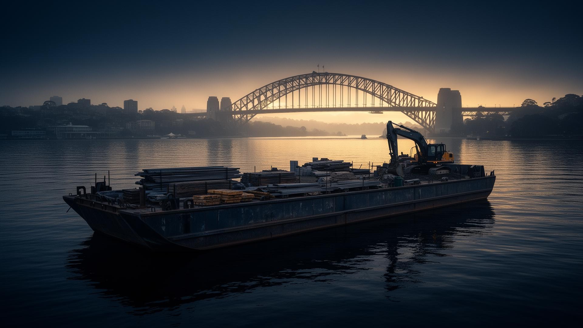 Boatload landing craft loaded with construction materials and an excavator on Sydney Harbour at dawn, Harbour Bridge in background